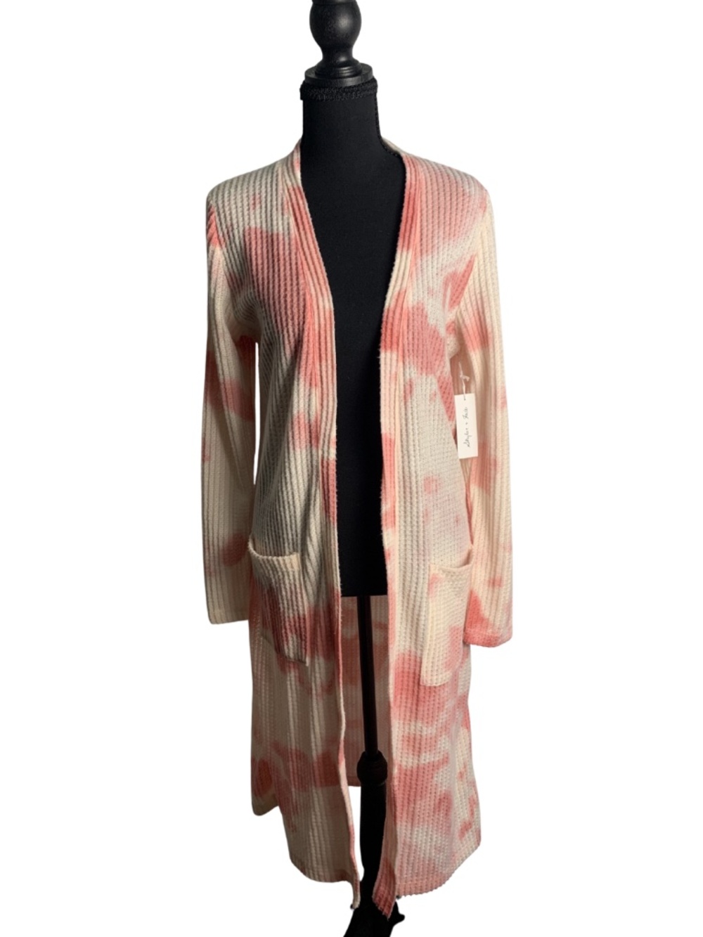 Skylar & Jade Open-Front Long Tie-Dye Cardigan in Soft Pink and Cream Women's M